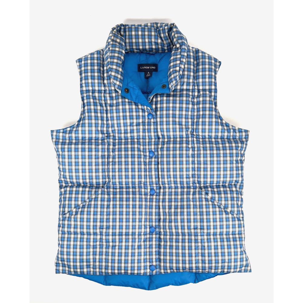 EUC Lands End Down Puffer Vest Womens SMALL Blue Plaid Feather insulated Jacket